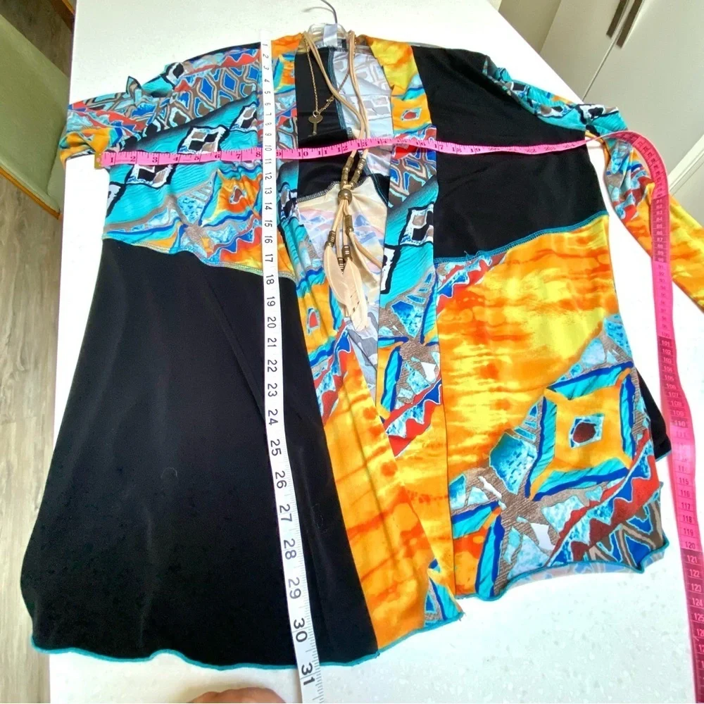Funky patchwork vibe open front boho cardigan w resort vacay feel - Picture 9 of 10